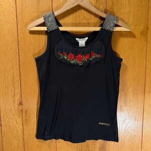 Y2K Vintage RARE Parasuco Denim Embroidered Rose Tank Top Women’s Size Large